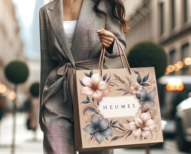 DALL·E 2024-01-27 18.54.46 - A stylish woman walking down a city street, holding a personalized paper bag. The bag is elegantly designed, featuring a unique combination of her nam